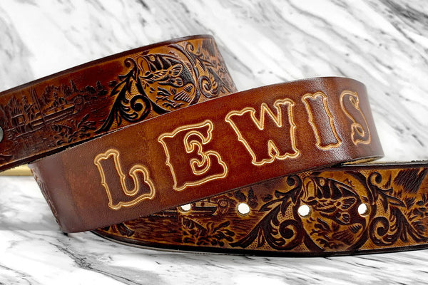 Personalized Leather Belt Bass Fishing Design - Gift for Him - Tooled Name Belt - Genuine Leather Father's Day Gift - Gifts for Fisherman
