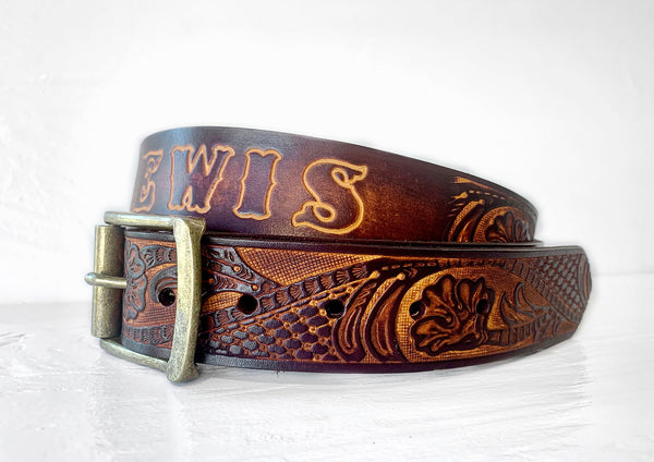 Personalized Leather Belt - Gift for Him - Tooled Name Belt - Genuine Leather Father's Day Gift