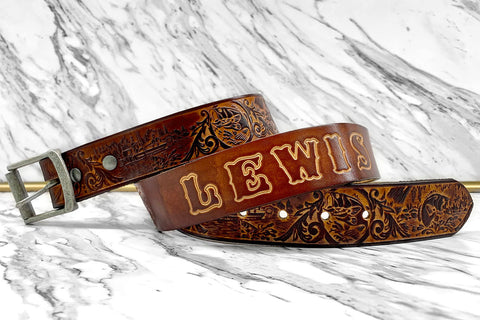 Personalized Leather Belt Bass Fishing Design - Gift for Him - Tooled Name Belt - Genuine Leather Father's Day Gift - Gifts for Fisherman