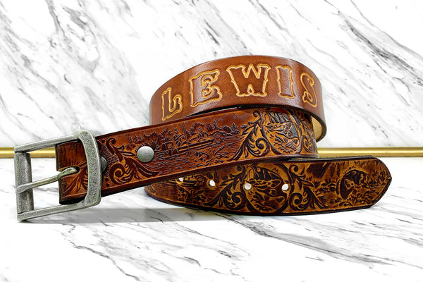 Personalized Leather Belt Bass Fishing Design - Gift for Him - Tooled Name Belt - Genuine Leather Father's Day Gift - Gifts for Fisherman