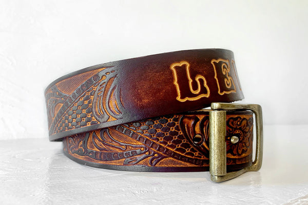 Personalized Leather Belt - Gift for Him - Tooled Name Belt - Genuine Leather Father's Day Gift