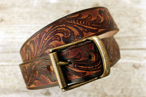 Vintage Inspired Tooled Leather Belt - Exsect Inc. - 2