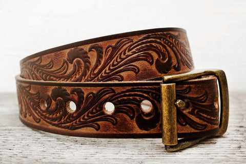 Vintage Inspired Tooled Leather Belt - Exsect Inc. - 1